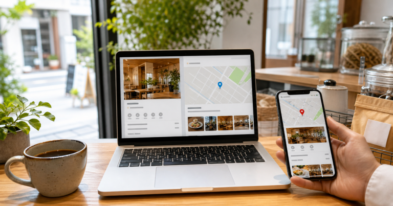 地域店舗がGoogleビジネスプロフィールを管理するイメージのノートPCとスマートフォン
