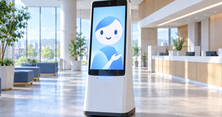 明るい公共施設ロビーに設置された案内AIアバター端末