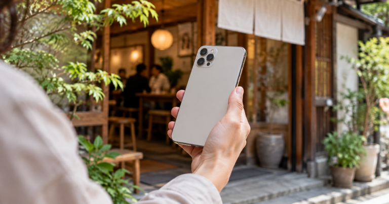 店舗の入口でスマートフォンを持つ手